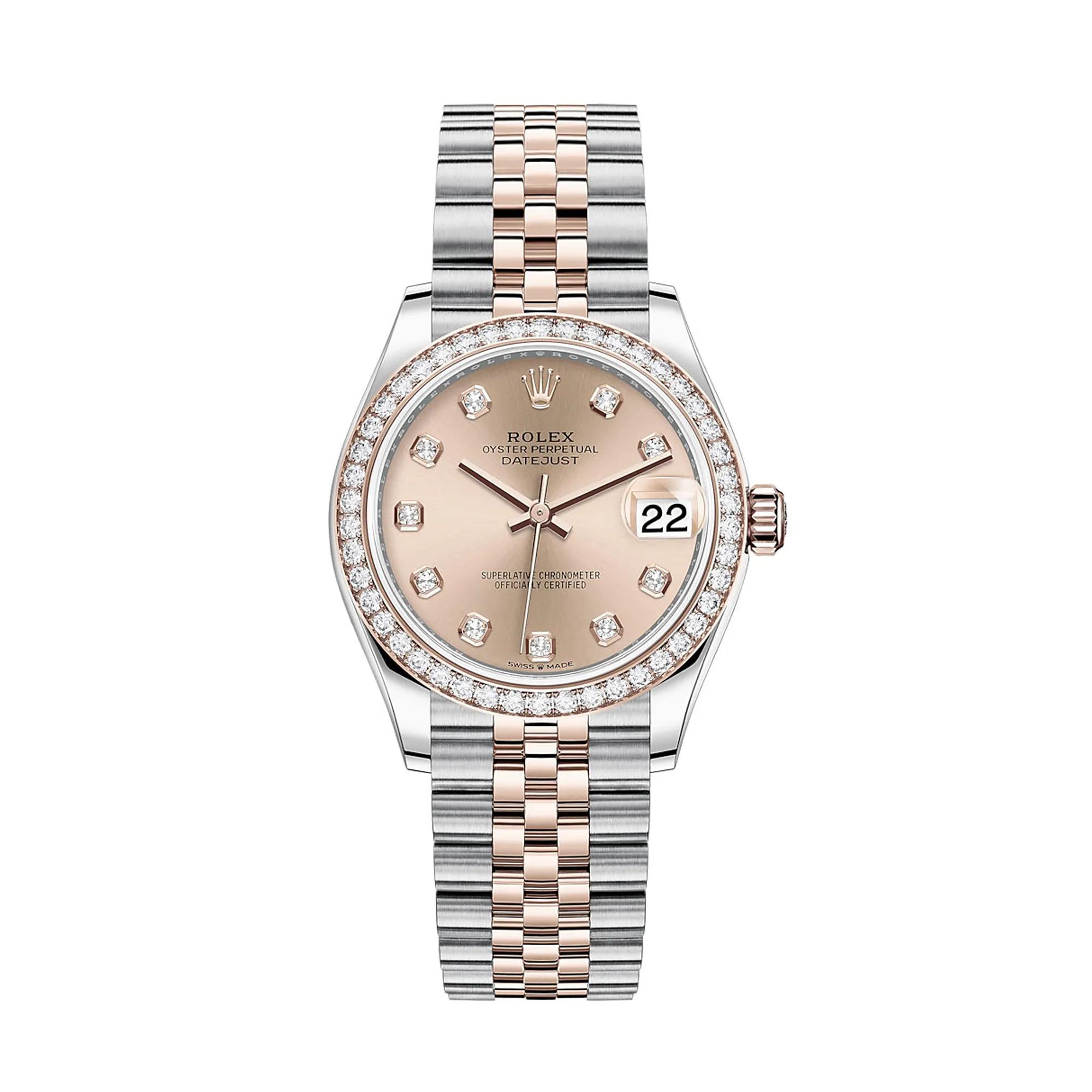 rolex replica watch Lady-Datejust 31 Rose Gold/Steel Silver Diamond Dial & Diamond Bezel Jubilee Bracelet 278381RBR-0016