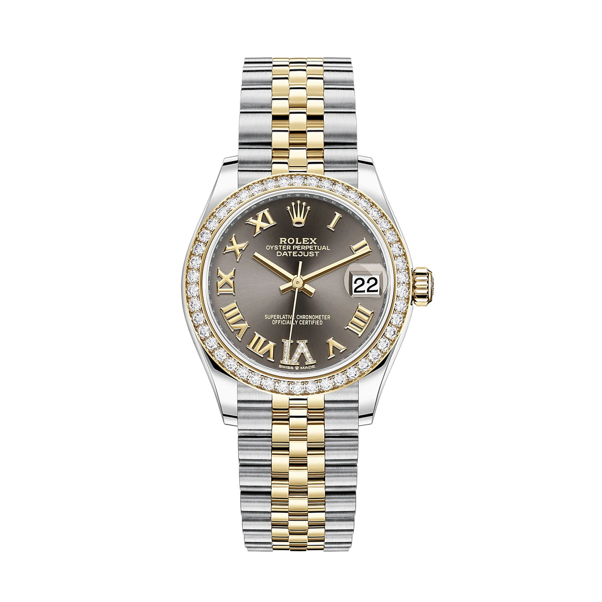 rolex replica Datejust 31 Yellow Gold/Steel Dark Grey Roman Dial & Diamond Bezel Jubilee Bracelet 278383RBR