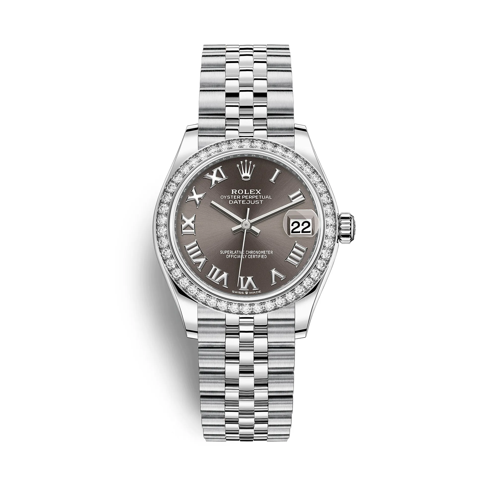 rolex replica Datejust 31mm Womens White Gold/Steel Dark Grey Roman Dial & Diamond Bezel Jubilee Bracelet 278384RBR