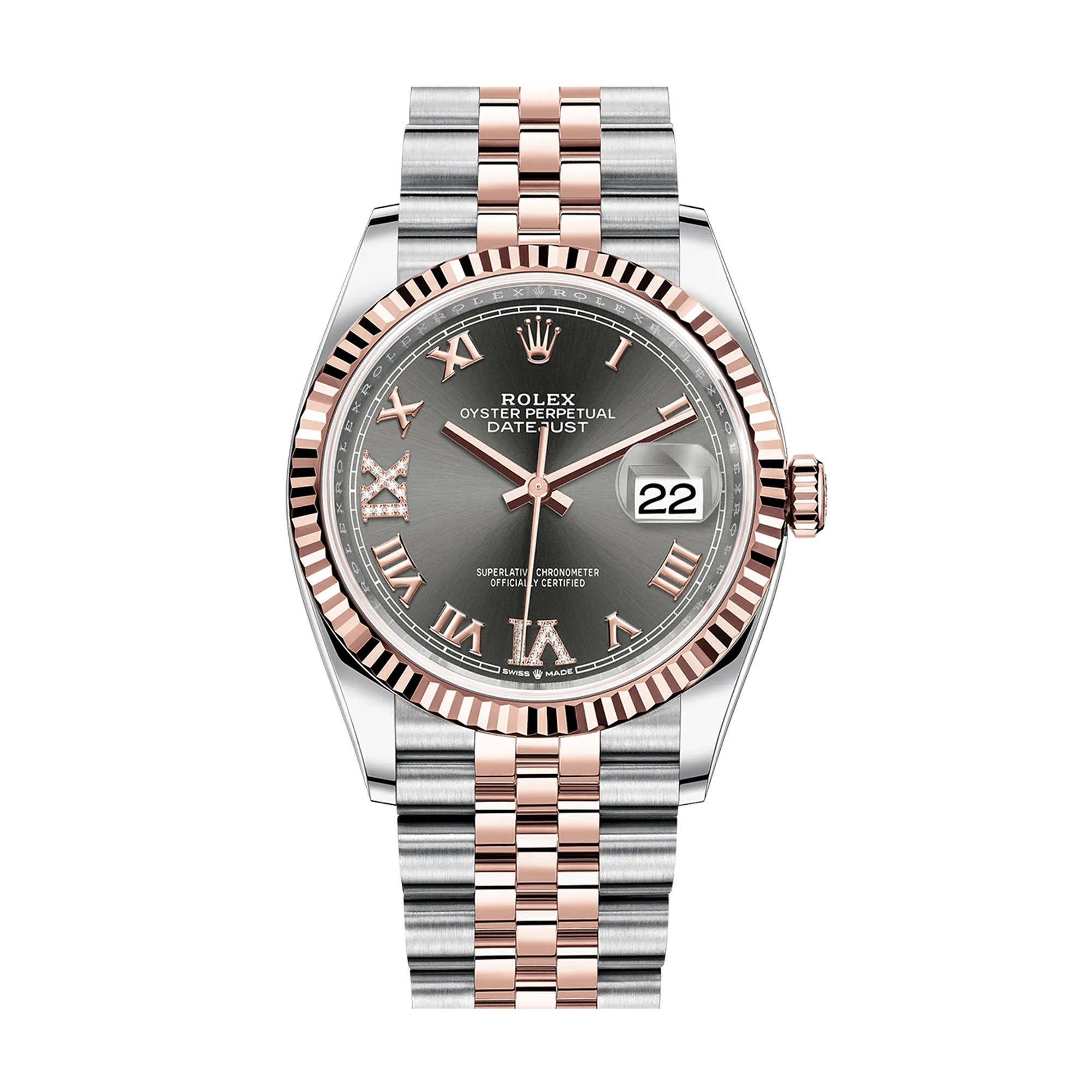 Fake Rolex Replica Watches Datejust 36 Rose Gold/Steel Slate Roman Diamond VIIX Dial & Fluted Bezel Jubilee Bracelet 126231