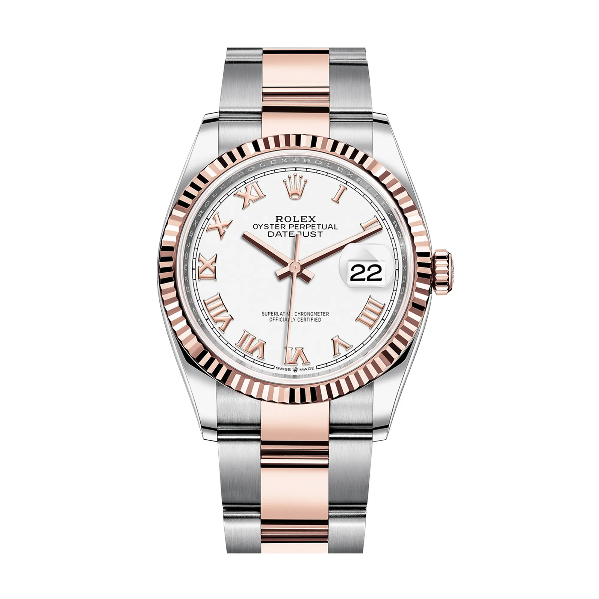 Fake Rolex Replica Watches Datejust 36 Rose Gold/Steel White Roman Dial & Fluted Bezel Oyster Bracelet 126231