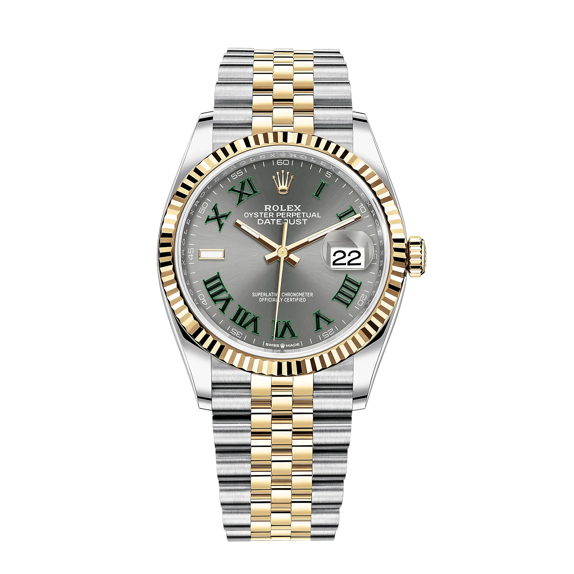 Fake Rolex Replica Watches Datejust 36 Yellow Gold/Steel "Wimbledon" Slate Roman Dial Fluted Bezel Jubilee Bracelet 126233