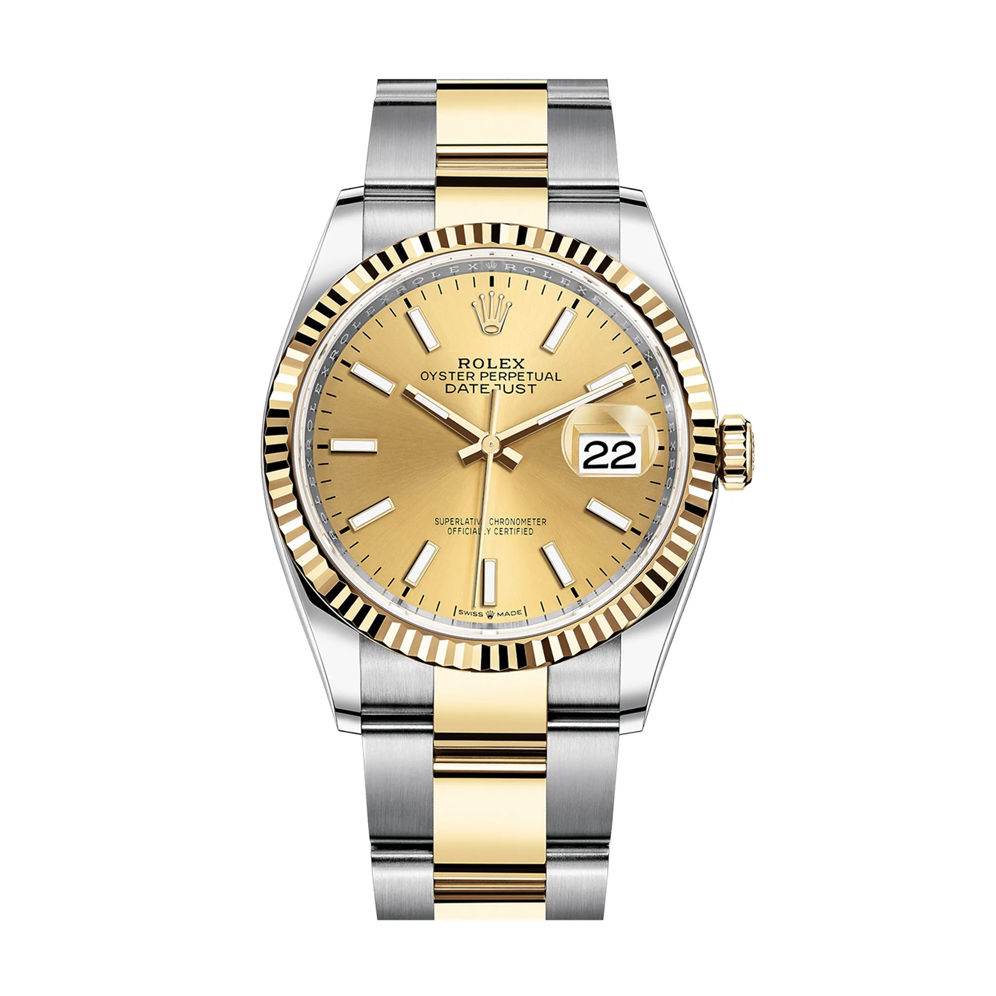 Fake Rolex Replica Watches Datejust 36 Yellow Gold/Steel Champagne Index Dial & Fluted Bezel Oyster Bracelet 126233