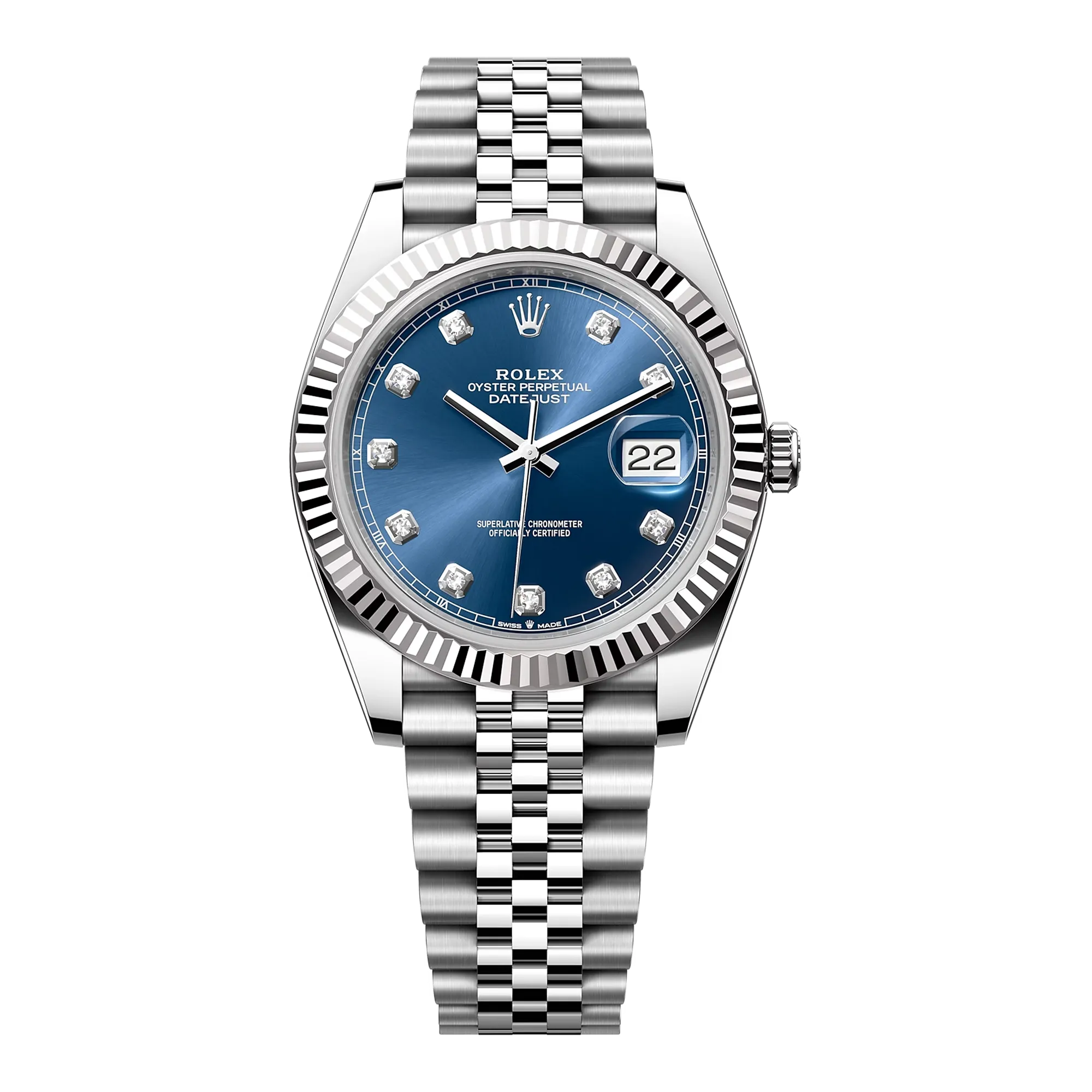 Fake Rolex Replica Watches Datejust 41 White Gold/Steel Blue Diamond Dial Fluted Bezel Jubilee Bracelet 126334
