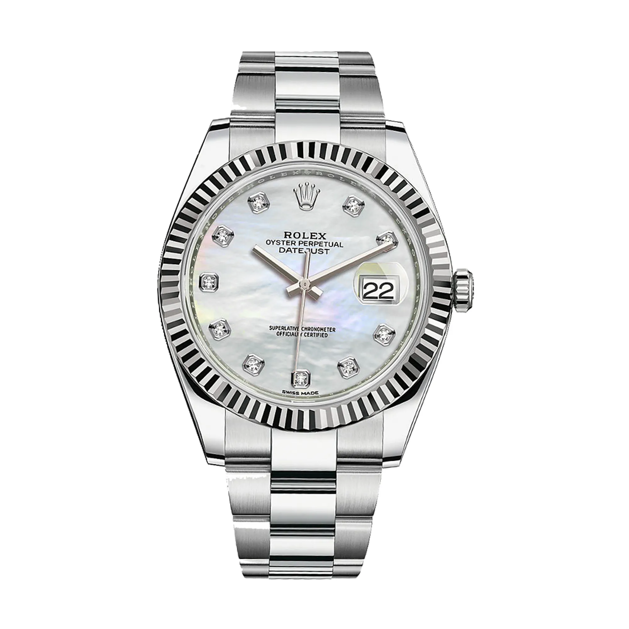 Fake Rolex Replica Watches Datejust 41 White Gold/Steel White Mother of Pearl Diamond Dial Fluted Bezel Oyster Bracelet 126334