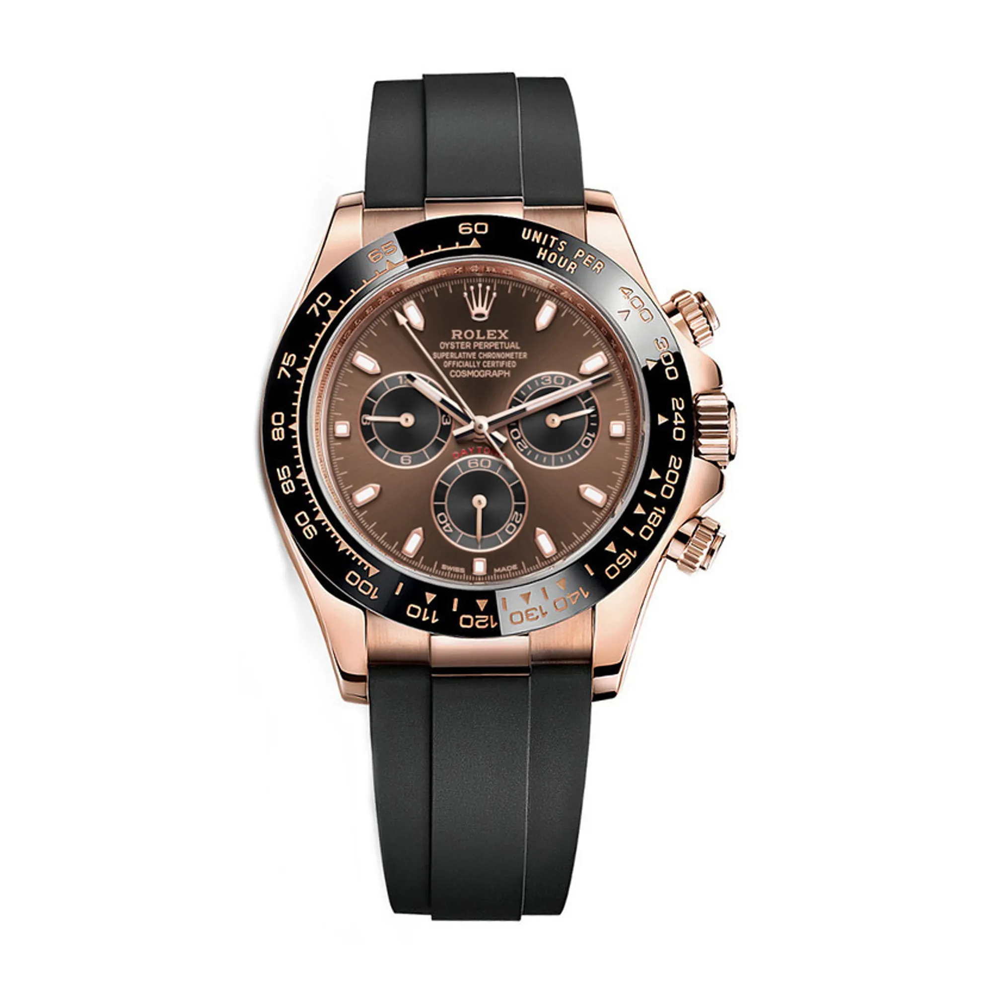 Fake Rolex Replica Watches Rose Gold Chocolate Index Dial Oysterflex Rubber Bracelet 116515LN