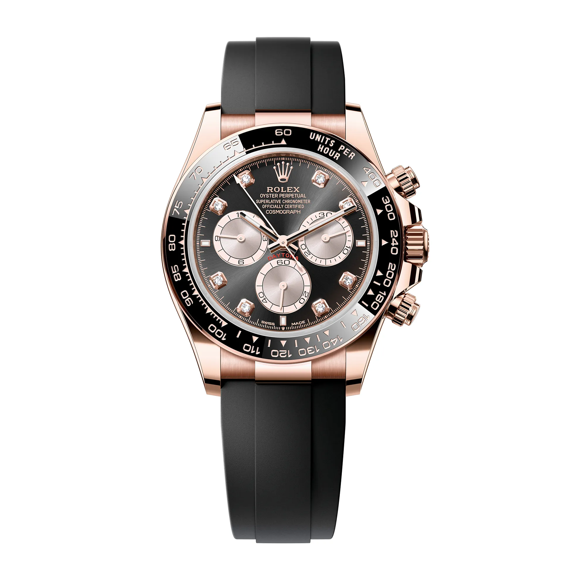 Rolex Daytona Rose Gold Bright Black/Sundust Diamond Dial Oysterflex Rubber Bracelet 126515LN