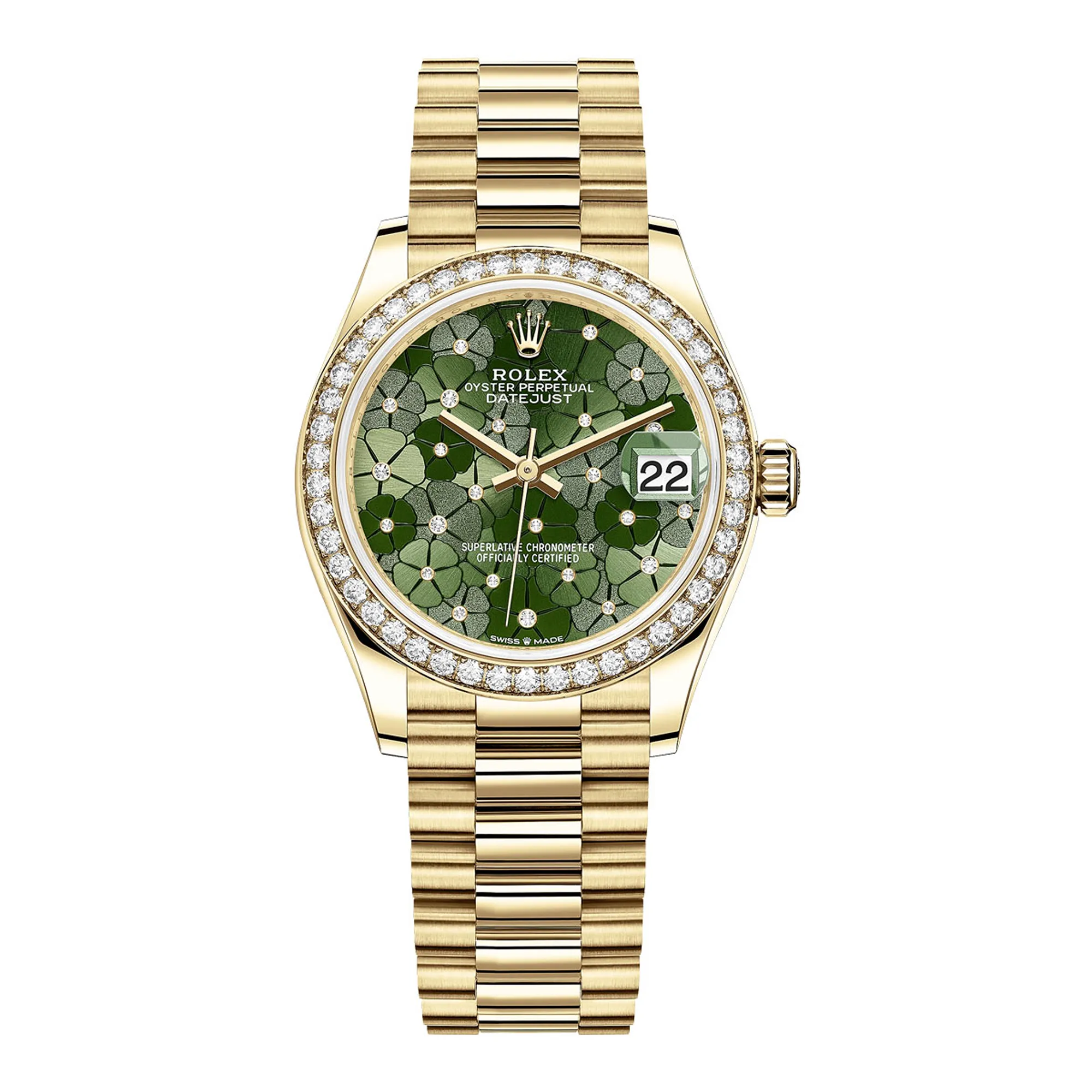 Fake Rolex Replica Watches Datejust 31 Yellow Gold Olive Green Floral Motif Dial & Diamond Bezel President Bracelet 278288RBR