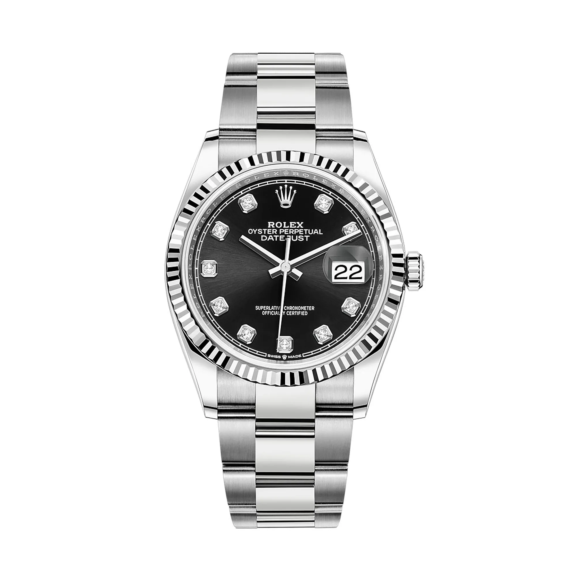 Fake Rolex Replica Watches Datejust 36 White Gold/Steel Black Diamond Dial & Fluted Bezel Oyster Bracelet 126234