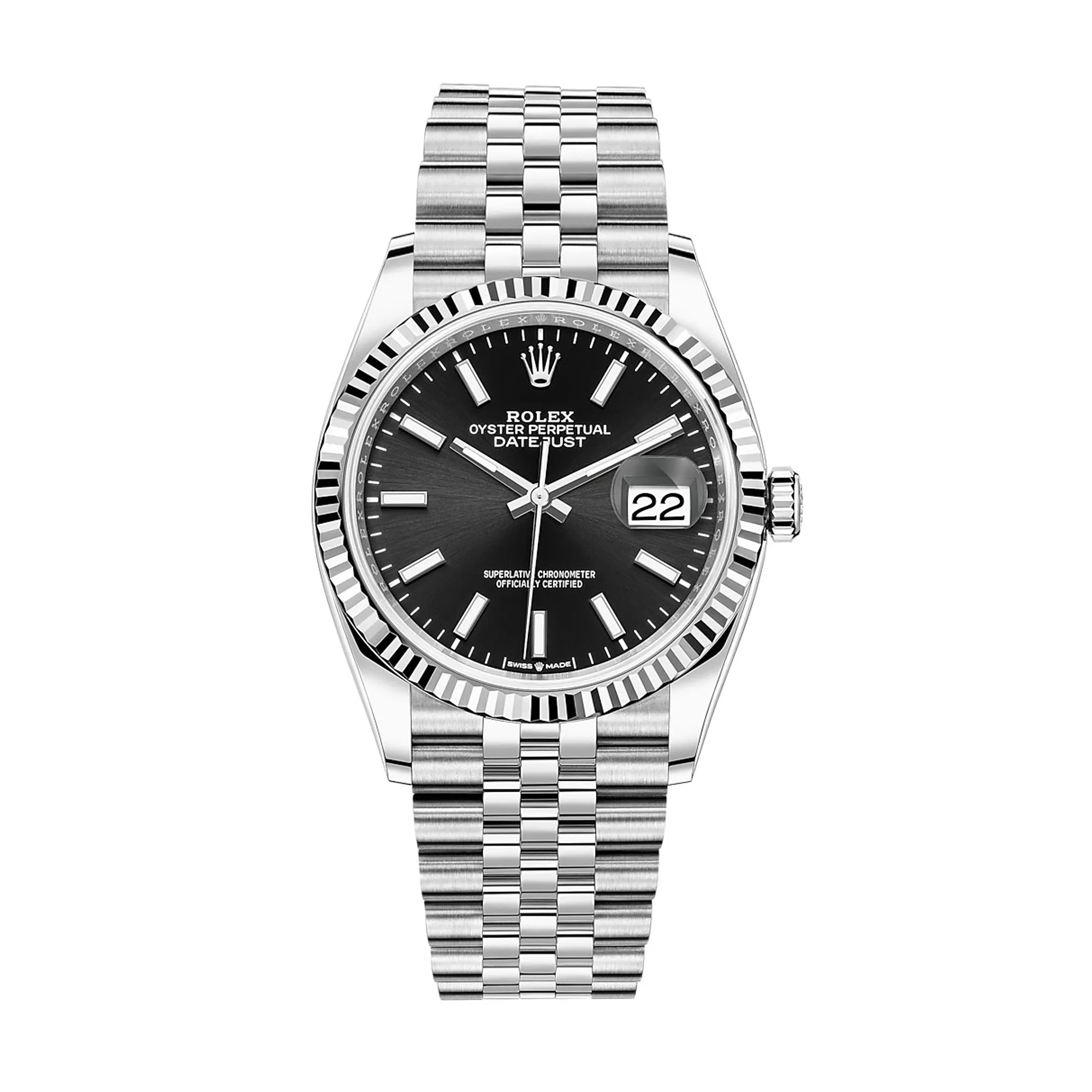 Fake Rolex Replica watches Oyster Perpertual 36mm Datejust White Gold/Steel Black Index Dial & Fluted Bezel Jubilee Bracelet 126234