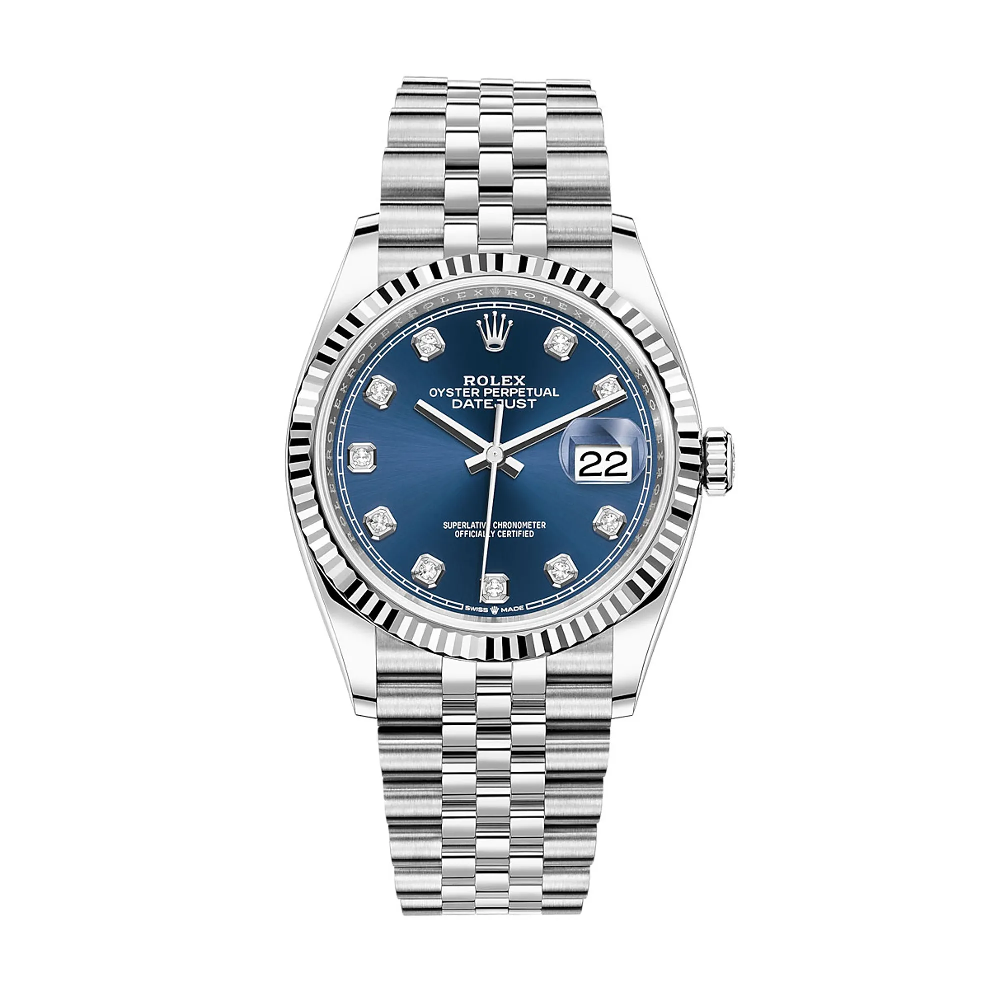 Fake Rolex Replica watches Oyster Perpertual 36mm Datejust White Gold/Steel Blue Diamond Dial & Fluted Bezel Jubilee Bracelet 126234