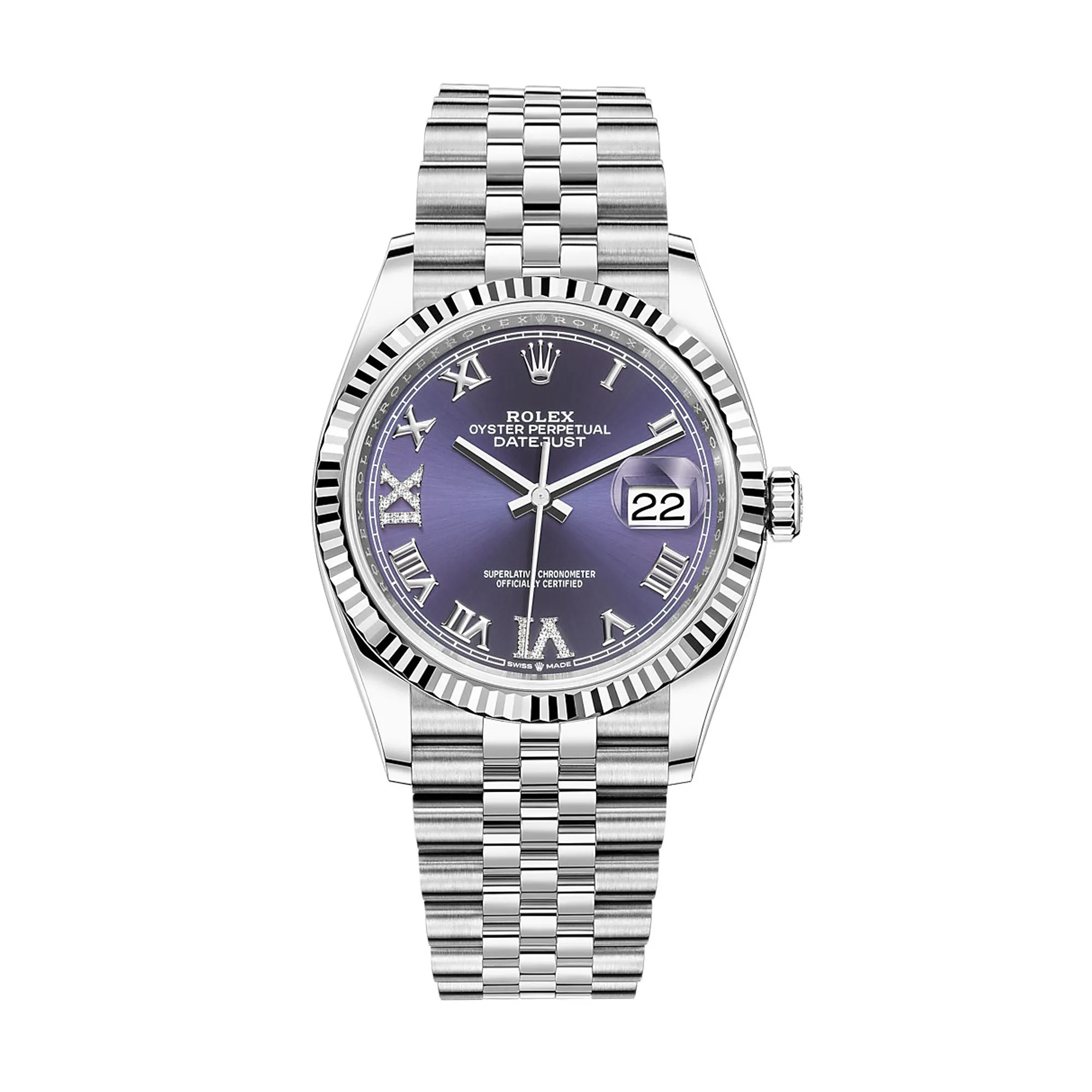 Fake Rolex Replica Watches Datejust 36 White Gold/Steel Aubergine Roman & Diamond Dial & Fluted Bezel Jubilee Bracelet 126234